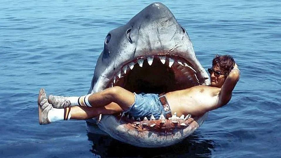 <div class="paragraphs"><p>Steven Spielberg inside the mouth of the mechanical shark 'Bruce' used in <em>Jaws. </em></p></div>
