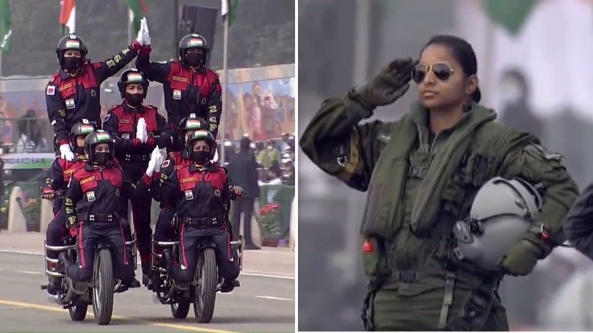 <div class="paragraphs"><p>(Left: Seema Bhawani Bikers Team; Right:&nbsp;Flight Lieutenant Shivangi Singh)</p></div>