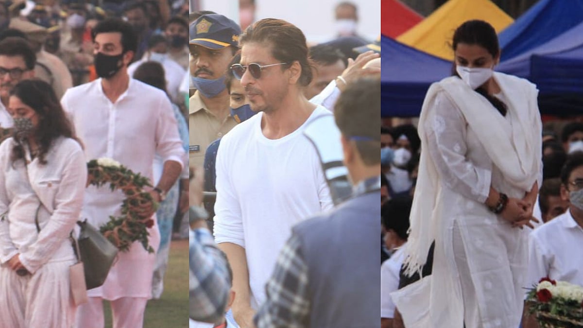 <div class="paragraphs"><p>Ranbir Kapoor, Shah Rukh Khan, and Vidya Balan at Lata Mangeshkar's funeral.</p></div>