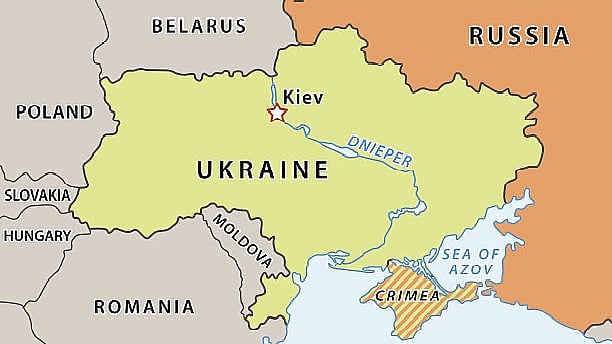 <div class="paragraphs"><p>Map of Ukraine, Crimea, and Russia. Crimea has been shaded in both yellow and orange due to the Russian annexation and de facto Russian control.&nbsp;</p></div>