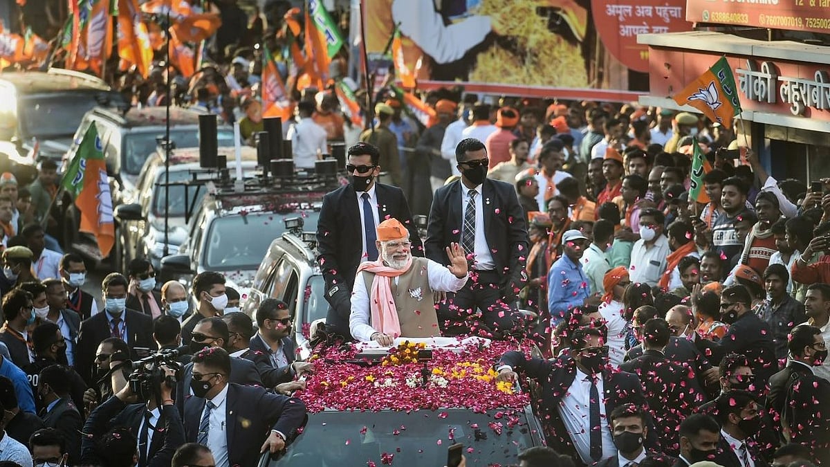 <div class="paragraphs"><p>PM Modi during the roadshow in Varanasi on Friday.&nbsp;</p></div>