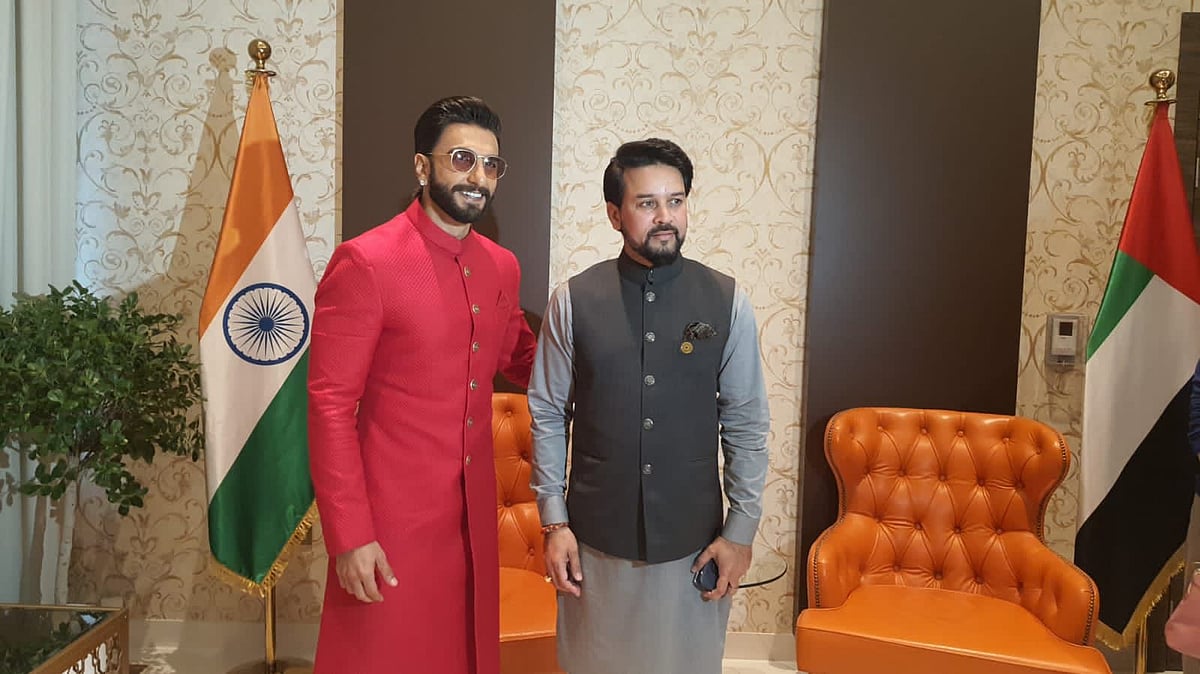 <div class="paragraphs"><p>Ranveer Singh and Anurag Thakur ahead of their discussion at the Dubai Expo 2020.</p></div>