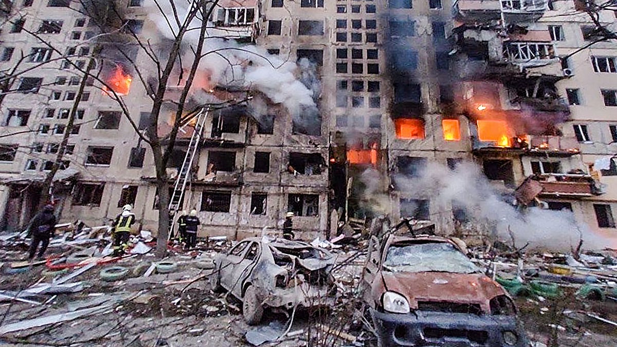 <div class="paragraphs"><p>A direct strike during Russian shelling led to fire and destruction of a residential building, in Kyiv. Russia started a military operation in Ukraine.</p></div>