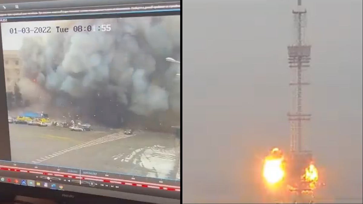 <div class="paragraphs"><p>Left: An administration building in the middle of Kharkiv's Freedom Square was blown up by a missile attack. Right: Missile attack on a TV tower in Ukraine's capital city Kyiv.</p></div>