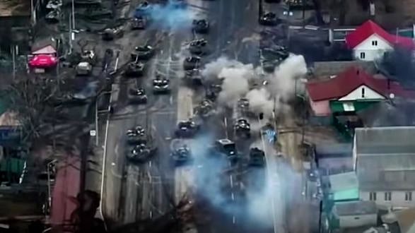 <div class="paragraphs"><p>A convoy of Russian tanks and armoured vehicles was relentlessly attacked by a Ukrainian ambush outside of Kyiv. </p></div>