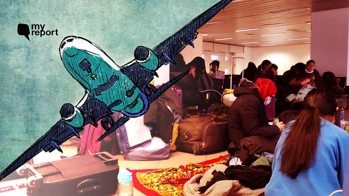 <div class="paragraphs"><p>Indian students at the Bucharest airport waiting for flights to arrive.</p></div>