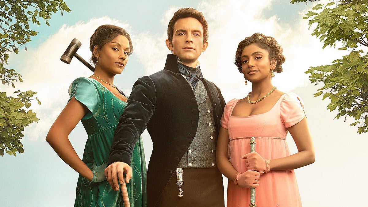 <div class="paragraphs"><p>Jonathan Bailey, Simone Ashley, and Charithra Chandran in the poster for&nbsp;<em>Bridgerton&nbsp;</em>season 2.</p></div>