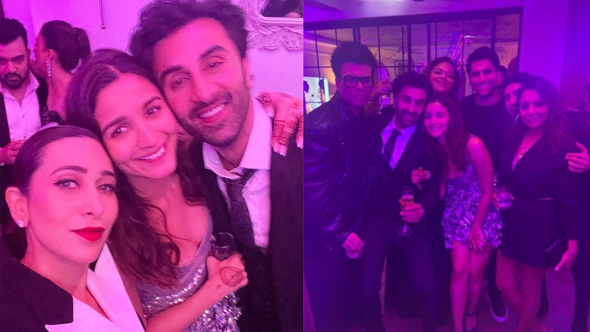 <div class="paragraphs"><p>Karisma Kapoor, Karan Johar, and Gauri Khan at Ranbir Kapoor and Alia Bhatt's reception party.</p></div>