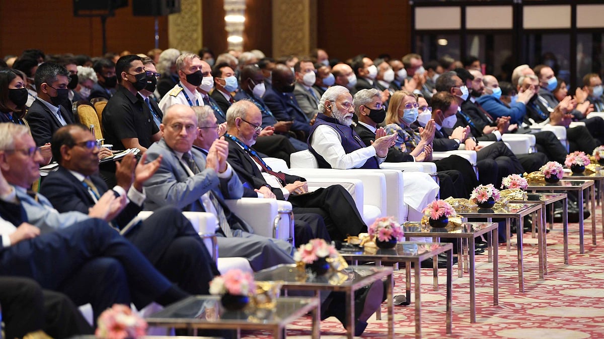 <div class="paragraphs"><p>PM Narendra Modi with EU officials at the Raisina Dialogue on Monday.&nbsp;</p></div>