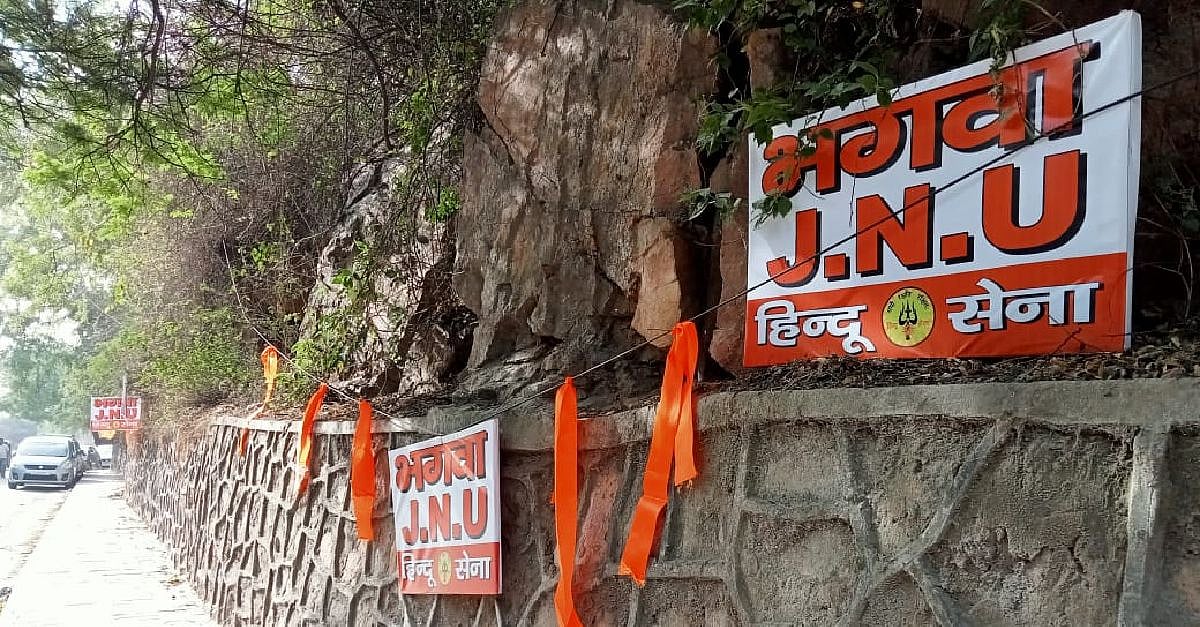 <div class="paragraphs"><p>Members of the Hindu Sena put up saffron flags and posters that read ‘Bhagwa JNU' (saffron JNU) near campus. </p></div>