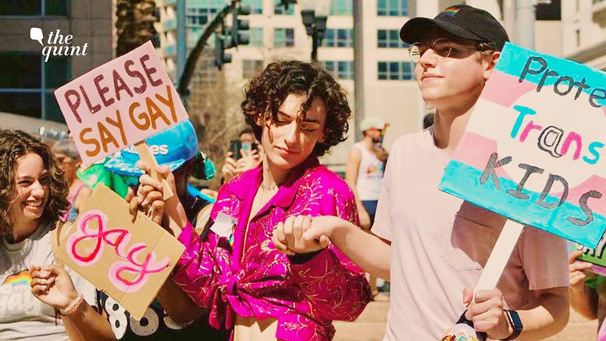 <div class="paragraphs"><p>On left, Will Larkins, Co-Founder and President of Queer Student Union at Winter Park High School, Florida at a 'Say Gay Anyway' Event, protesting 'Don't Say Gay'.</p></div>