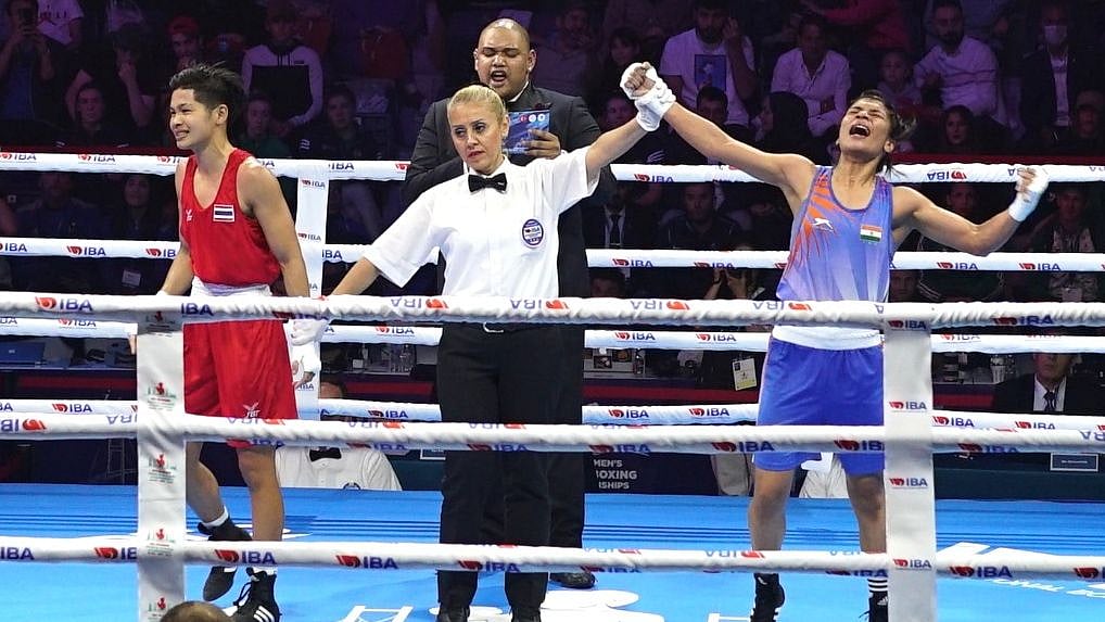 <div class="paragraphs"><p>Nikhat Zareen celebrates winning the final.</p></div>
