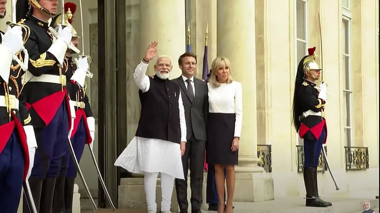 <div class="paragraphs"><p><a href="https://www.thequint.com/topic/prime-minister-narendra-modi">Prime Minister Narendra Modi</a>, who is on the third and final leg of his <a href="https://www.thequint.com/news/india/pm-narendra-modi-europe-trip-denmark-india-nordic-summit">3-day visit to Europe</a>, landed in France's capital city of Paris on Wednesday, 4 May, where he was welcomed by the French President Emmanuel Macron at the Elysee Palace.</p></div>