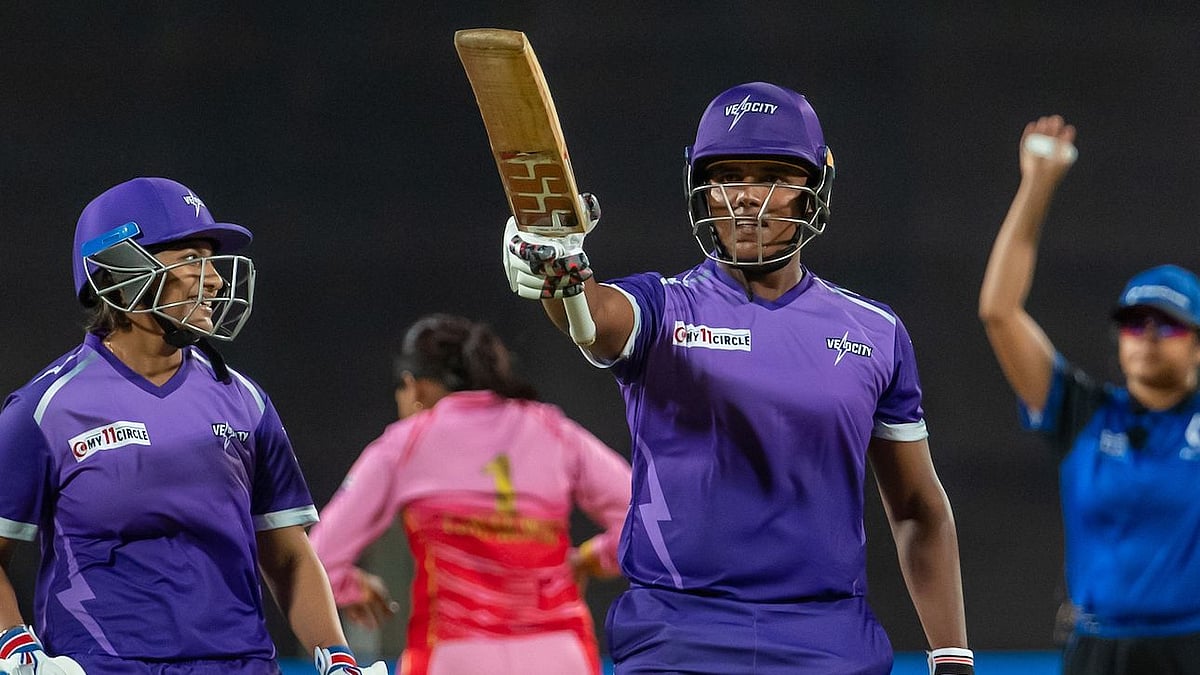 <div class="paragraphs"><p>Kiran Prabhu Navgire celebrates her half century against Trailblazers during the Women's T20 Challenge.</p></div>