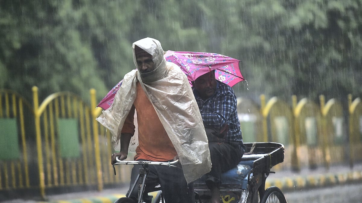 <div class="paragraphs"><p>A worker paddles his rickshaw with a passenger during rain in Ghaziabad on 23 May. </p></div>