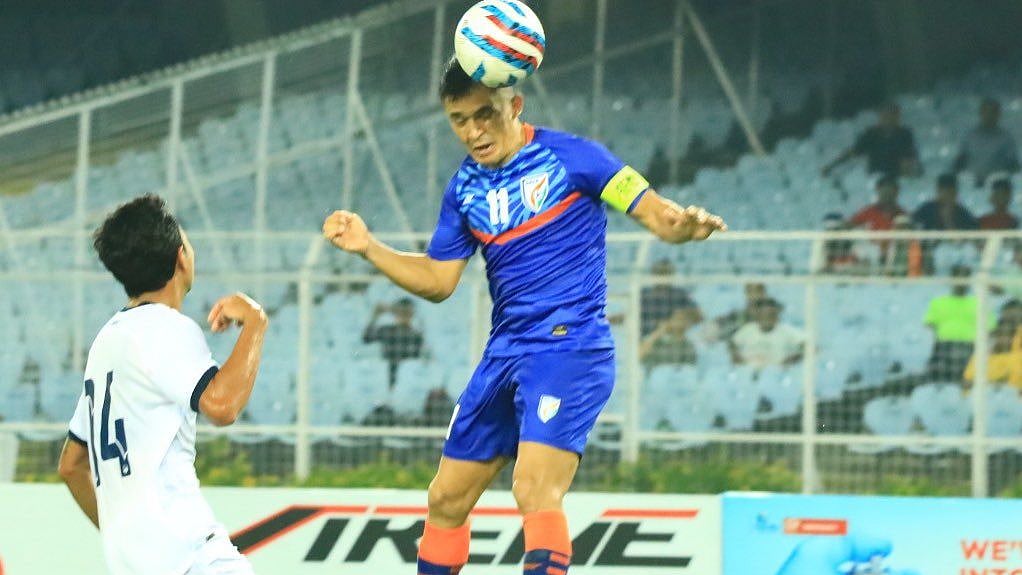 <div class="paragraphs"><p>Sunil Chhetri heads in the second goal of the game for India. </p></div>