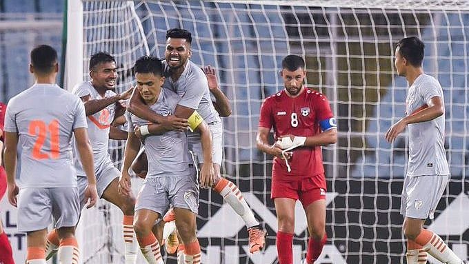 <div class="paragraphs"><p>Sunil Chhetri and India celebrate a goal.</p></div>