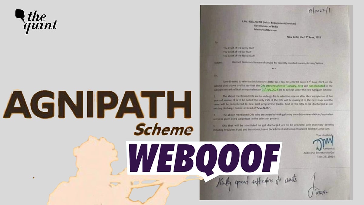 <div class="paragraphs"><p>Fact-Check | This letter from Ministry of Defence on Agnipath scheme is fake.</p></div>