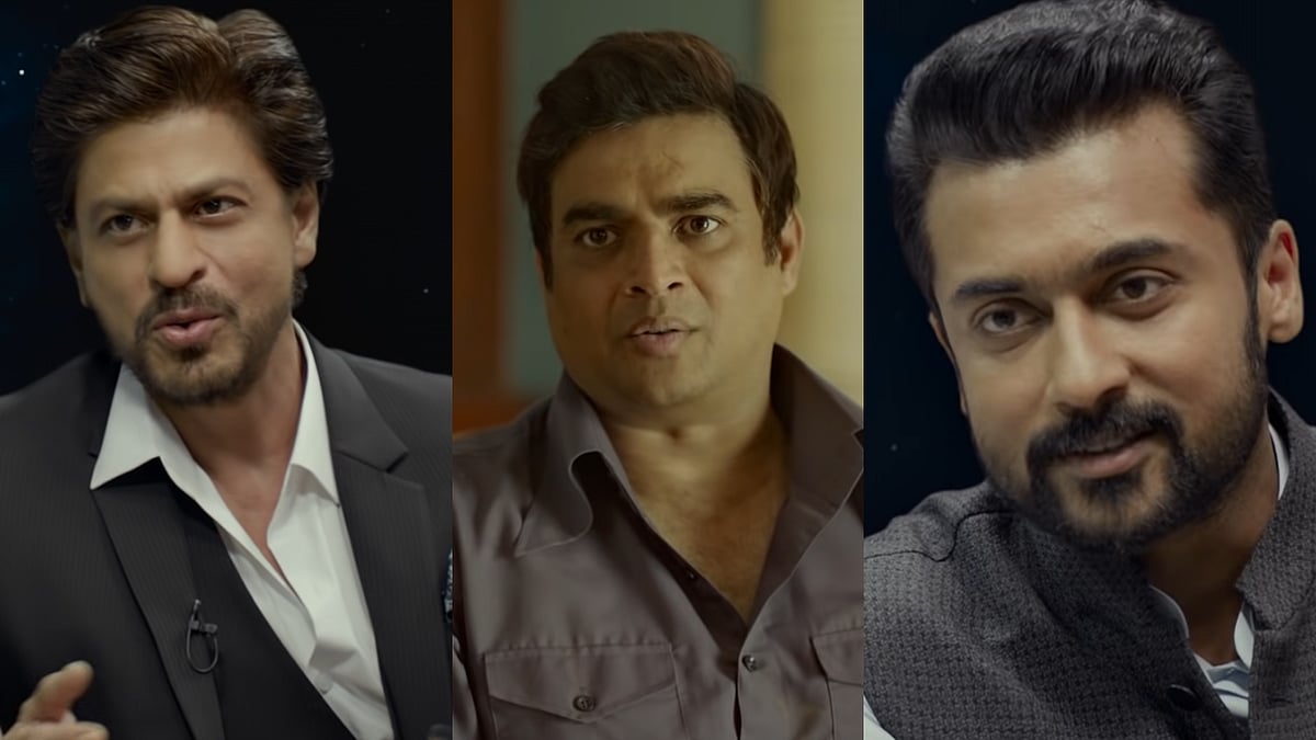 <div class="paragraphs"><p>Shah Rukh Khan, R Madhavan, and Suriya in the trailer for&nbsp;<em>Rocketry: The Nambi Effect.</em></p></div>