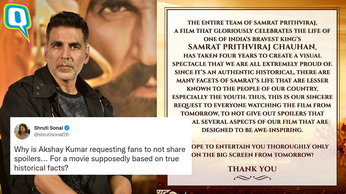 <div class="paragraphs"><p>Twitter reacts as Akshay Kumar urges to not share spoilers from 'Samrat Prithviraj'</p></div>
