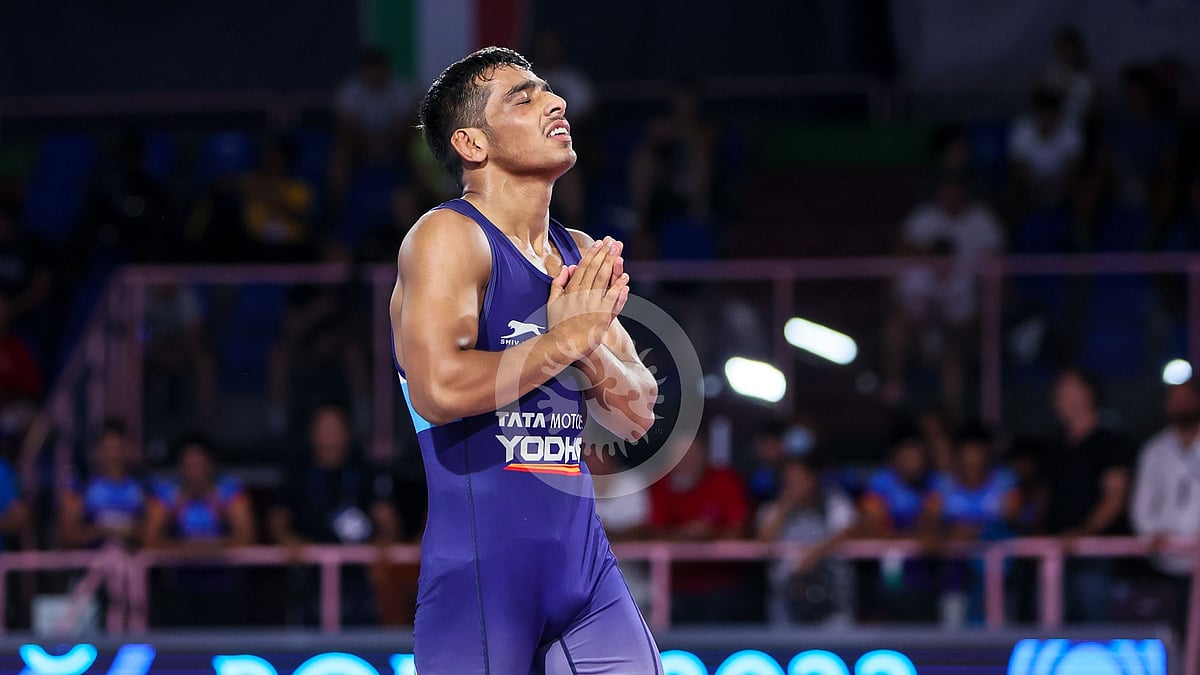 <div class="paragraphs"><p>An ecstatic Suraj Vashisht after winning a gold medal in the Greco-Roman category of the Under-17 World Championships. </p></div>