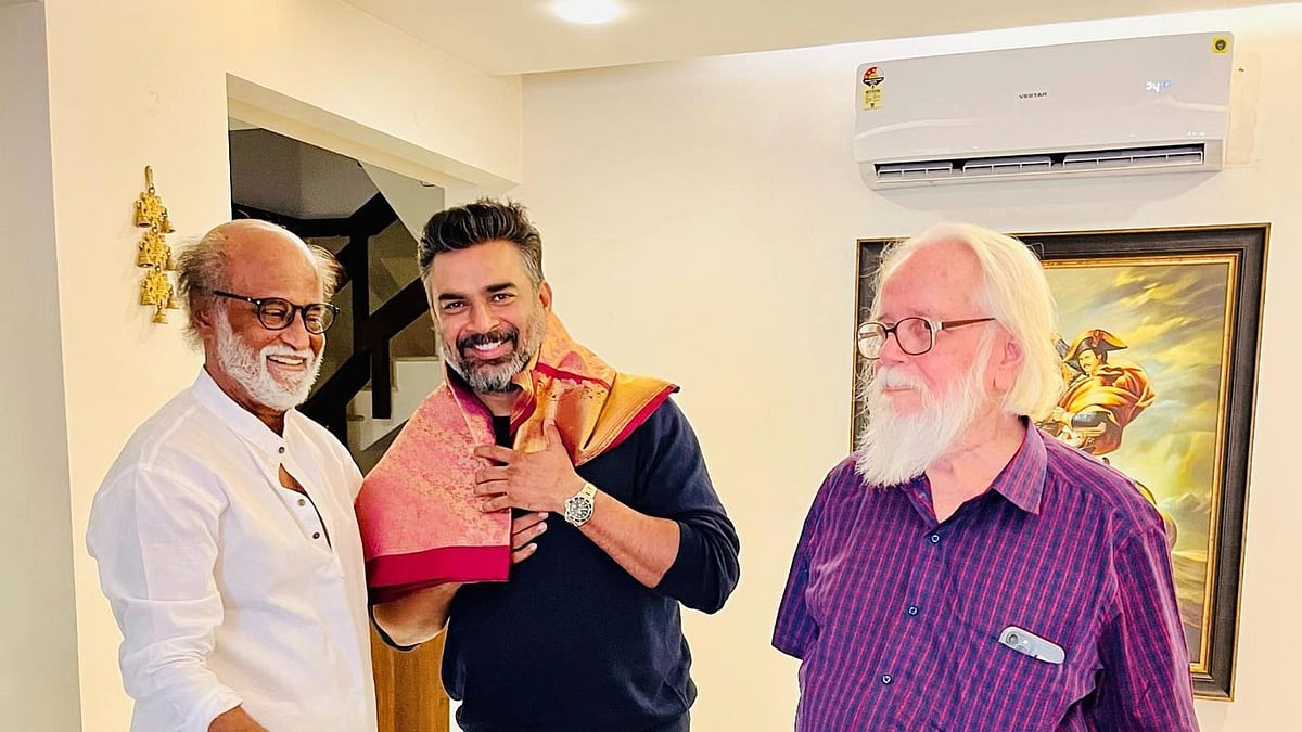 <div class="paragraphs"><p>Rajinikanth, R Madhavan, and Nambi Narayanan in a recent photo.</p></div>