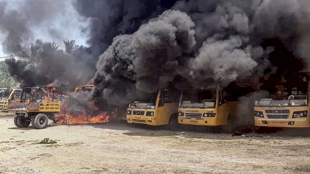 <div class="paragraphs"><p>Protests and violence demanding justice over the death of a Class 12 girl studying in Kaniyamoor Sakthi Matriculation School in Chinnasalem, in Kallakurichi district, Tamil Nadu, on Sunday, 17 July.</p></div>
