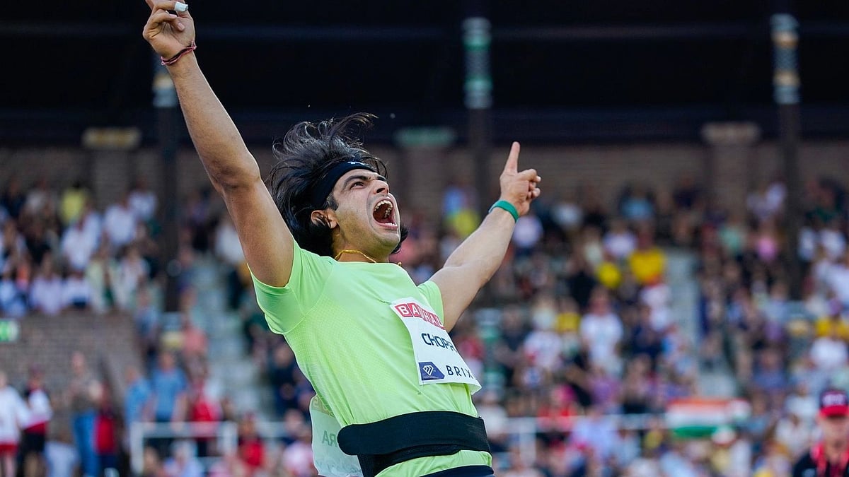 <div class="paragraphs"><p>Neeraj Chopra celebrates his National Record throw at the Stockholm Diamond League.</p></div>