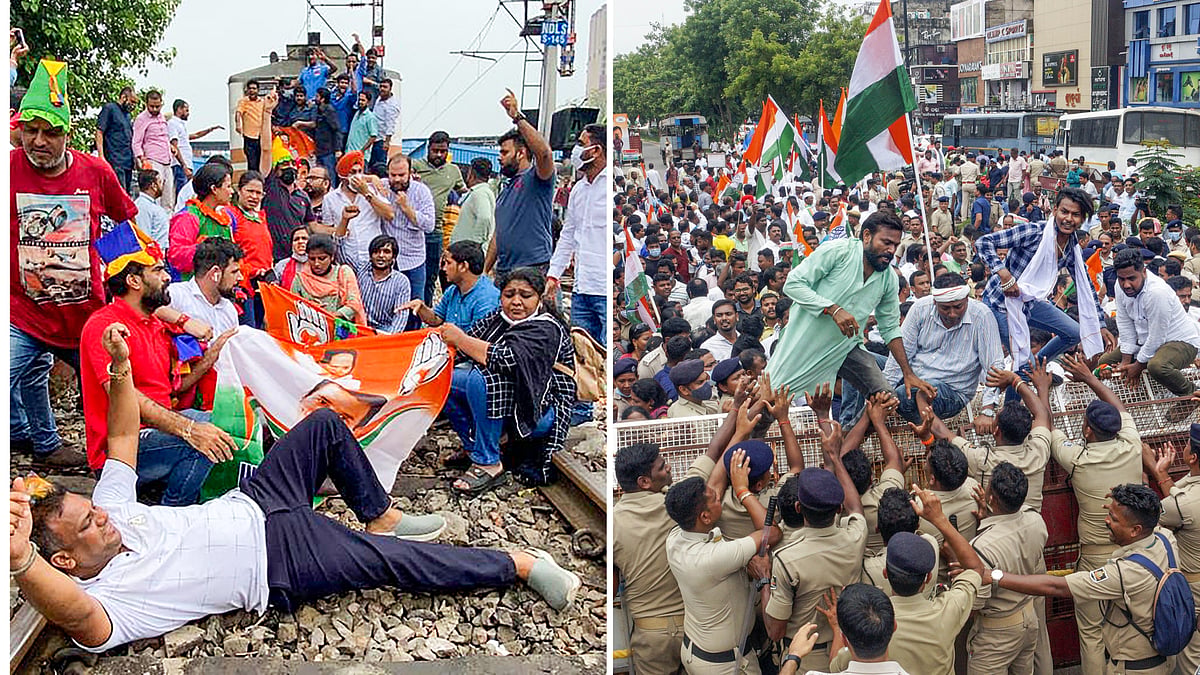 <div class="paragraphs"><p>While Congress workers stopped a train and blocked railway tracks at Shivaji Bridge railway station in Delhi, clashes with the police were reported elsewhere.</p></div>
