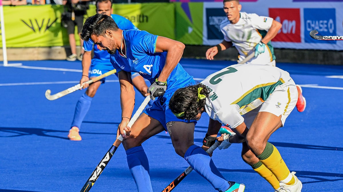 <div class="paragraphs"><p>Indian men's hockey team player Abhishek in action against South Africa in the men's hockey semi-final match at the 2022 Commonwealth Games on Saturday. </p></div>