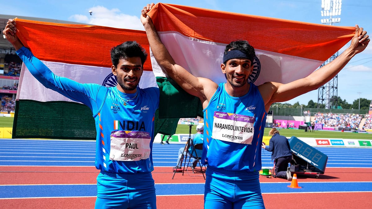 <div class="paragraphs"><p>Gold medal winner Eldhose Paul (left) of India and compatriot and silver medal winner Abdulla Aboobacker celebrate after the men's triple jump final at the 2022 Commonwealth Games in Birmingham on Sunday. </p></div>