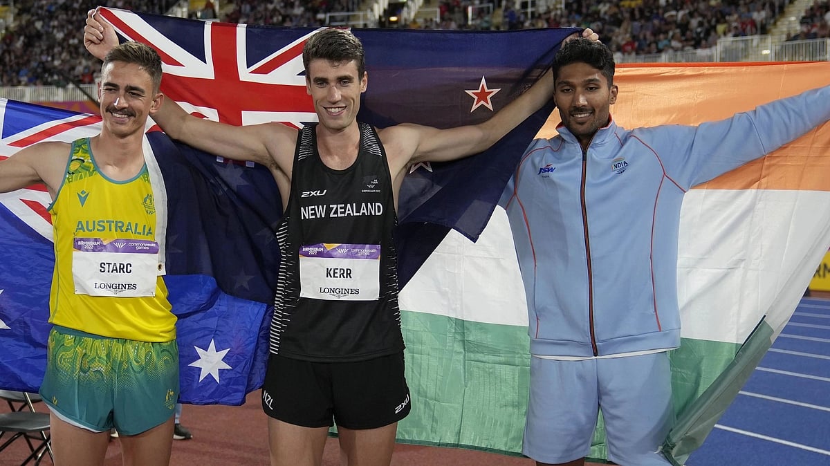 <div class="paragraphs"><p>India's Tejaswin Shankar celebrates with other medallists after finishing third in the men's high jump final at the 2022 Commonwealth Games in Birmingham. </p></div>