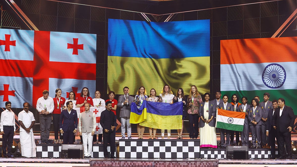 <div class="paragraphs"><p>Women's section bronze medallists India A team (right) with gold medallists Ukraine and silver medallists Georgia during the closing ceremony of the 44th Chess Olympiad in Chennai. </p></div>