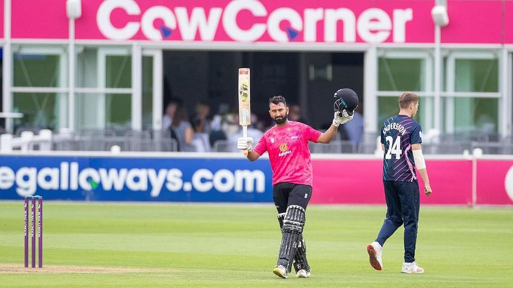 <div class="paragraphs"><p>India's Cheteshwar Pujara celebrates after scoring his third century for Sussex in the Royal London One-Day Cup on Tuesday. </p></div>