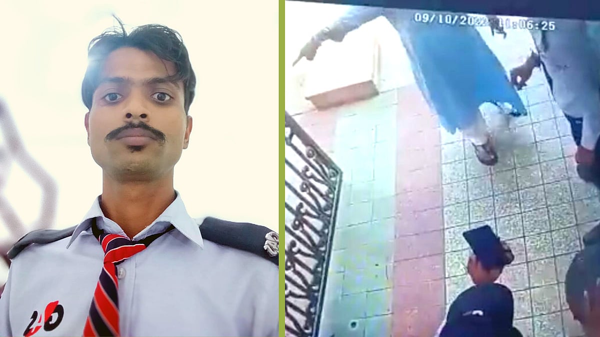 <div class="paragraphs"><p>L: 22-year-old Sachin Rana. R: CCTV footage of the incident where a woman slapped Rana for a 'delay' in opening the society gates.</p></div>