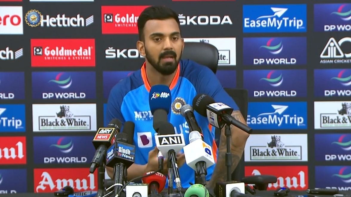 <div class="paragraphs"><p>India's stand-in captain KL Rahul talking to the media during a post-match press conference.&nbsp;</p></div>