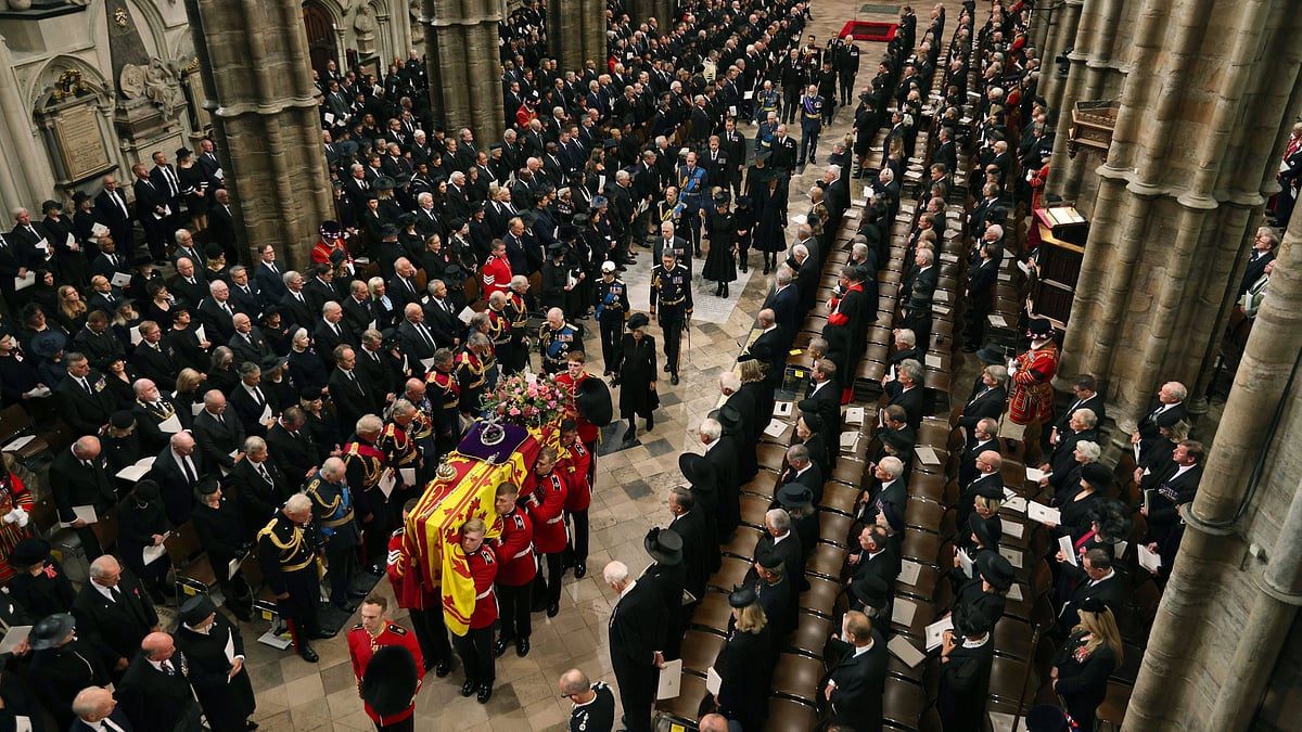 <div class="paragraphs"><p>King Charles III, Camilla, Queen Consort, and other members of the Royal family follow the coffin of Queen Elizabeth II as it is carried into Westminster Abbey ahead of her State Funeral, in London, Monday Sept. 19, 2022.</p></div>