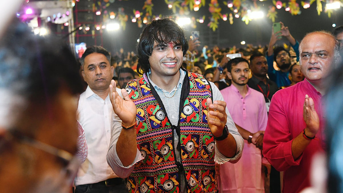<div class="paragraphs"><p>India's star athlete Neeraj Chopra enjoying the Garba festivities  in Vadodara.&nbsp;</p></div>
