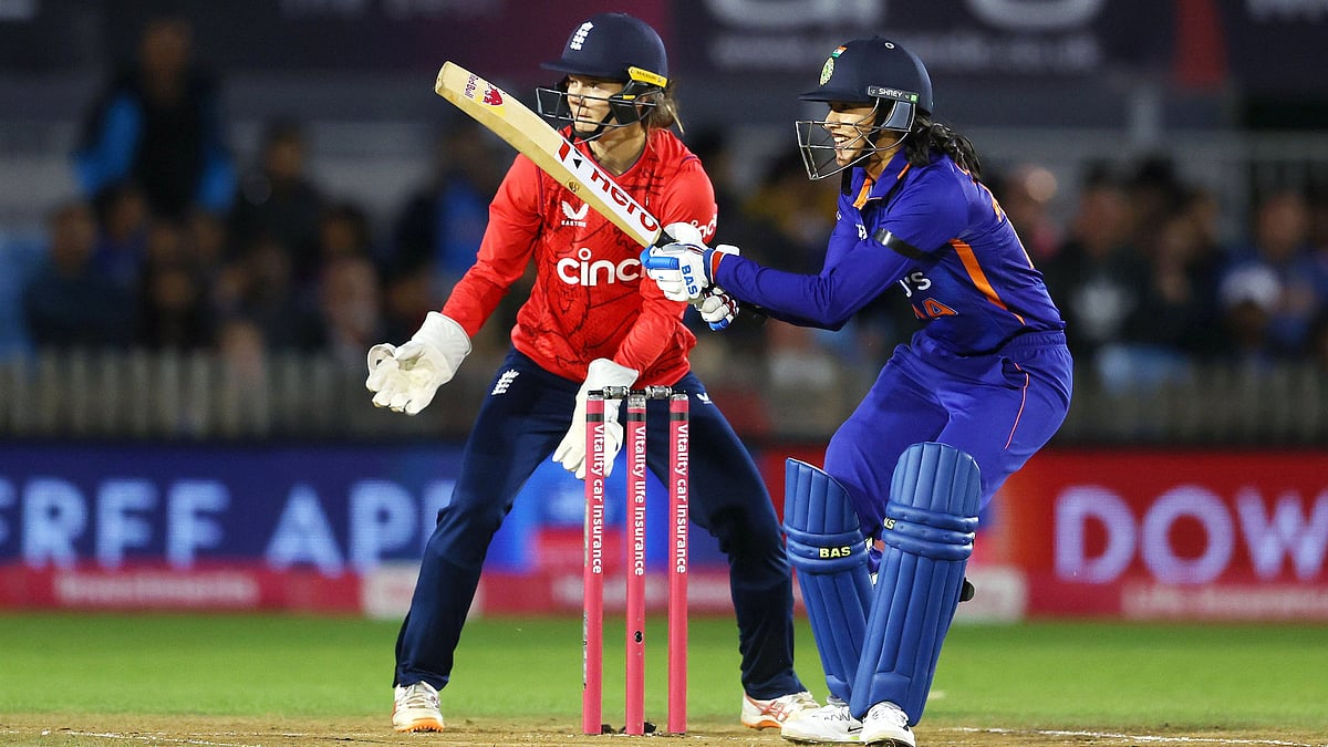<div class="paragraphs"><p>Smriti Mandhana plays a shot during the second T20I between the Indian women's team and England women's team in Derby on Tuesday. </p></div>