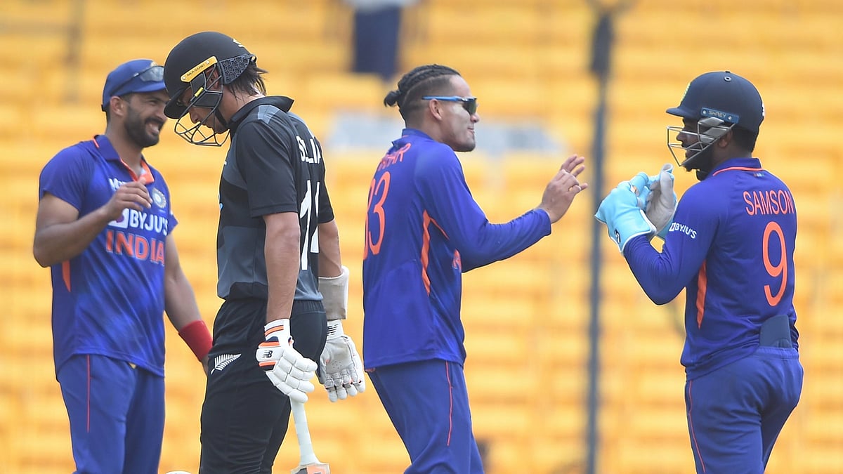 <div class="paragraphs"><p>Rahul Chahar (centre) celebrates with captain Sanju Samson after taking a wicket in the third ODI between India 'A' and New Zealand 'A' on Tuesday.&nbsp;</p></div>