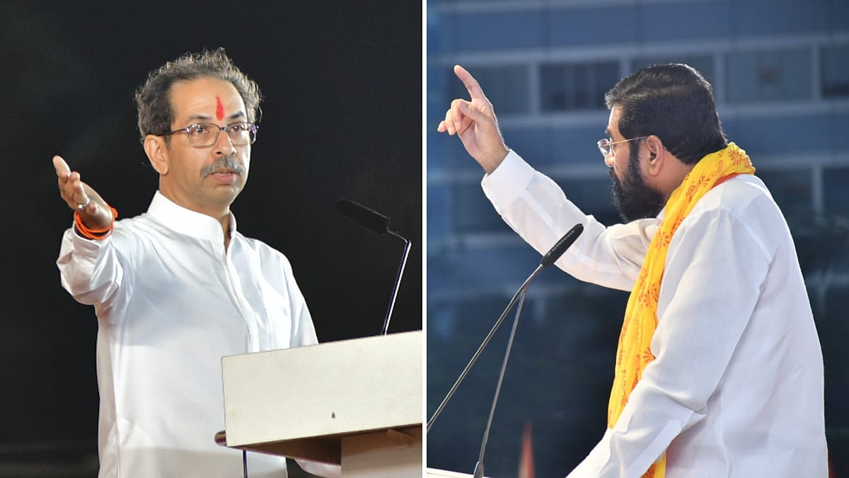 <div class="paragraphs"><p>Uddhav Thackeray (left) and Eknath Shinde at two separate Shiv Sena Dussehra rallies in Mumbai, 5 October 2022.</p></div>
