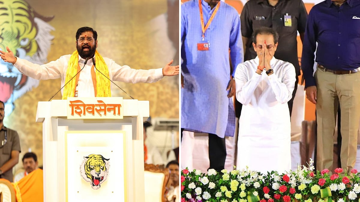 <div class="paragraphs"><p>Eknath Shinde and Uddhav Thackeray at Shiv Sena's Dussehra rallies at MMRDA grounds and Shivaji Park, Mumbai.</p></div>