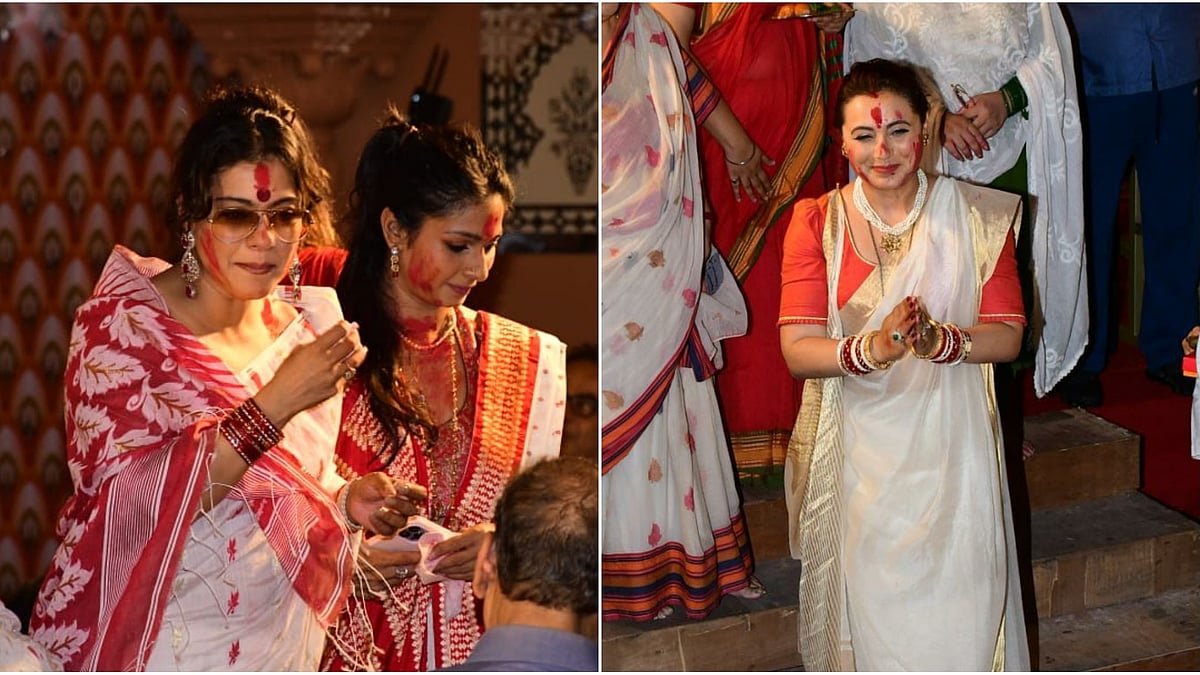 <div class="paragraphs"><p>Cousins Rani Mukerji, Tanisha and Kajol play<em> sindoor khela</em> on Dussehra.</p></div>