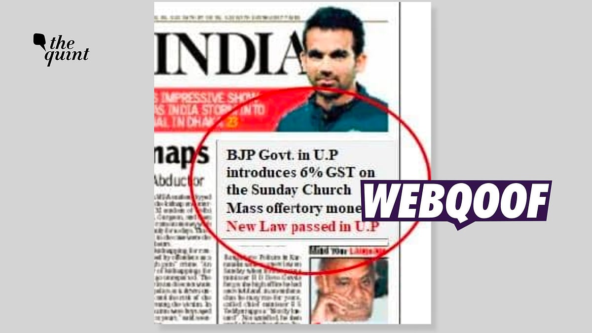 <div class="paragraphs"><p>The clipping has been edited to include a fake headline about Uttar Pradesh charging a six percent tax on church offertory.</p></div>