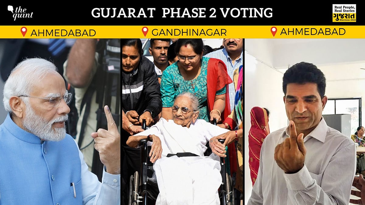 <div class="paragraphs"><p>PM Narendra Modi, Amit Shah, and AAP's Isudan Gadhvi. Voting for the second phase in the <a href="https://www.thequint.com/gujarat-elections">Gujarat Assembly elections</a> began at 8 am on Monday, 5 December.</p></div>