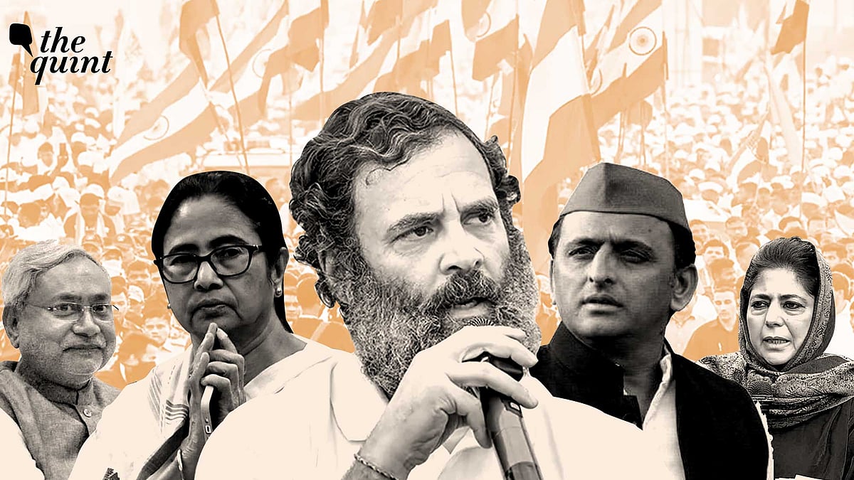 <div class="paragraphs"><p>Congress' Rahul Gandhi (centre), SP's Akhilesh Yadav (right), PDP'S Mehbooba Mufti (far right), TMC's Mamata Banerjee (left) and JDU's Nitish Kumar (far left). </p></div>