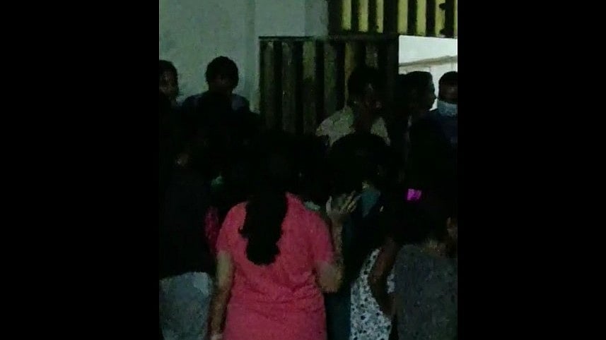 <div class="paragraphs"><p>Women students assemble at the college on Wednesday night, raising a complaint against the misuse of their WhatsApp display pictures.</p></div>