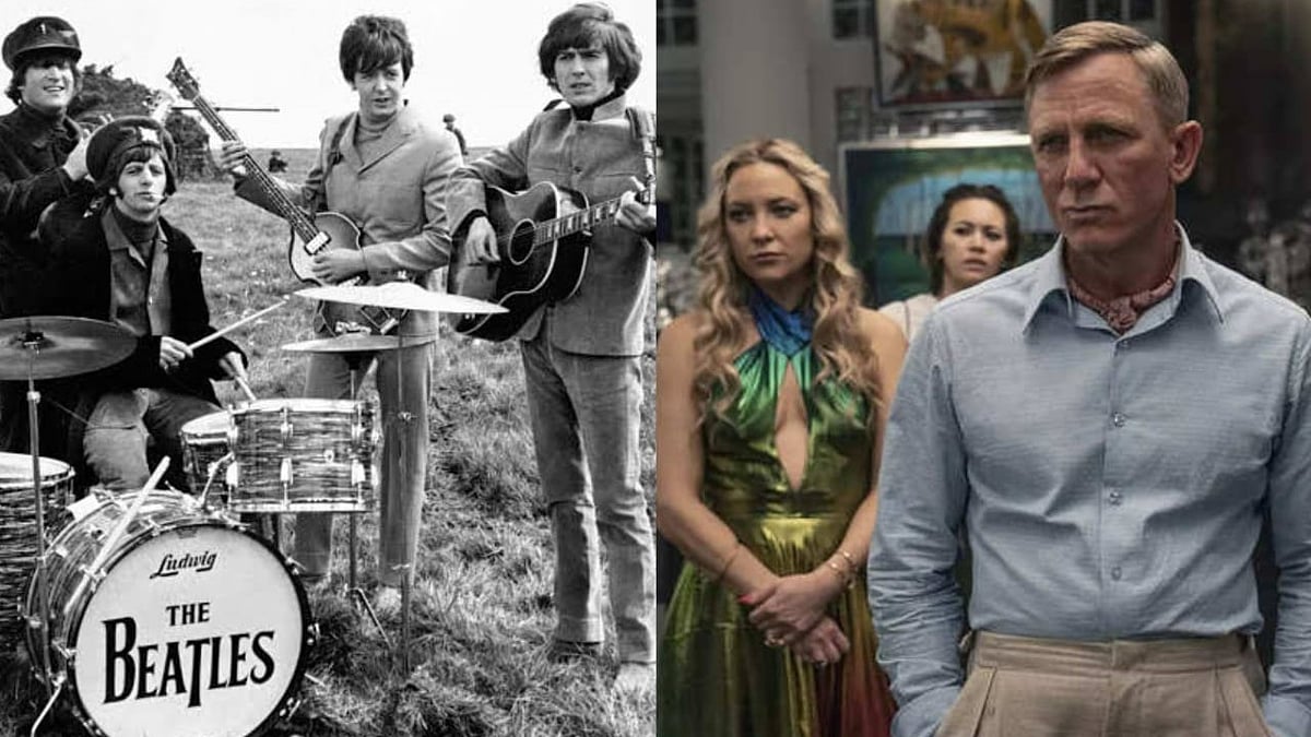 <div class="paragraphs"><p>The Beatles and a still from <em>Glass Onion: A Knives Out Mystery</em>.</p></div>