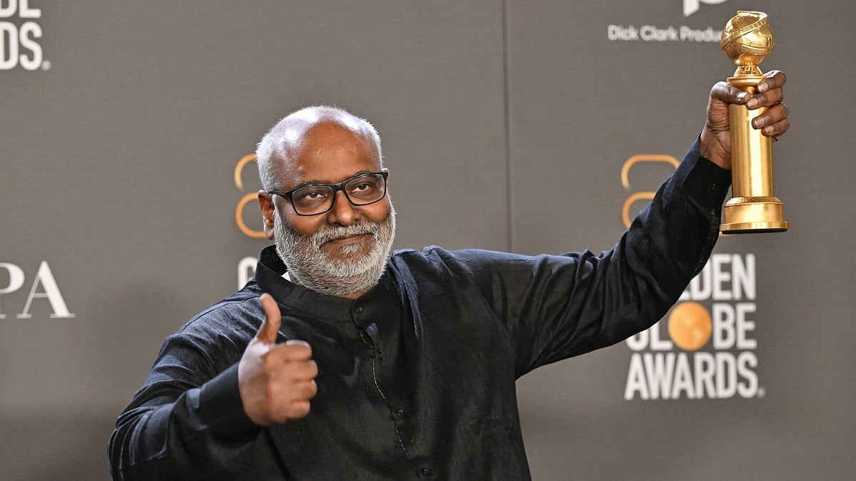 <div class="paragraphs"><p>MM Keeravani holds the Golden Globe that <em>RRR</em> won in the Best Original Song category.&nbsp;</p></div>