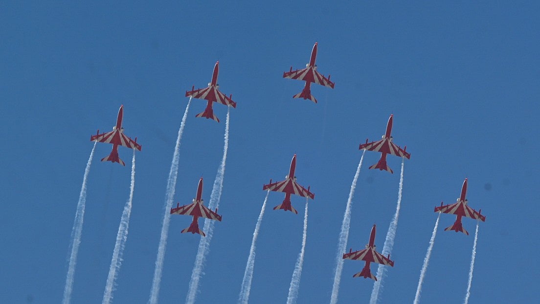 <div class="paragraphs"><p>India Air Force's 'Suryakiran' formation during he fly-past. Aero India 2023, the 14th edition of Asia's largest aero show, was inaugurated by Prime Minister Narendra Modi in Bengaluru.</p></div>